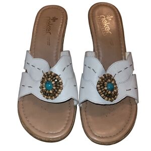 Rieker White Leather Wedge Sandals with Beaded Accent 38
